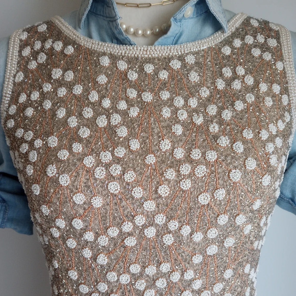 Adrianna Papell Gold White Pearl Beaded Layering Top Sleeveless Silk Size 8P - Picture 3 of 15